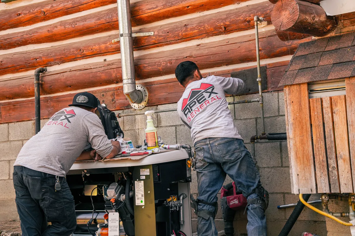Technician on a ladder installing a stainless exhaust vent through a log home wall