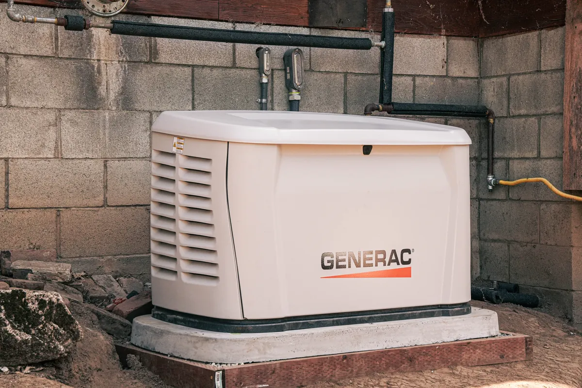 Completed Generac standby generator installation on a concrete pad