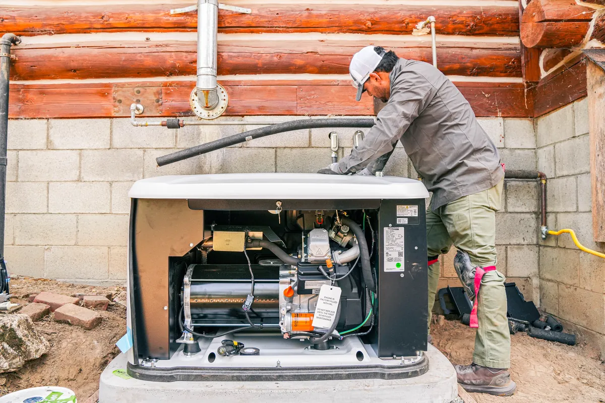Technician checking the control panel and battery inside a standby generator