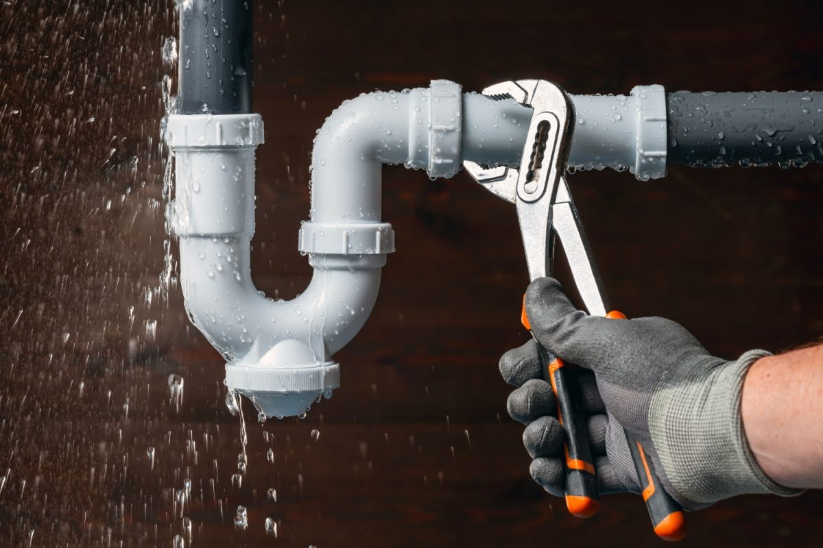 A plumber's hand with a gray and orange glove turning a wrench on a leaking water pipe